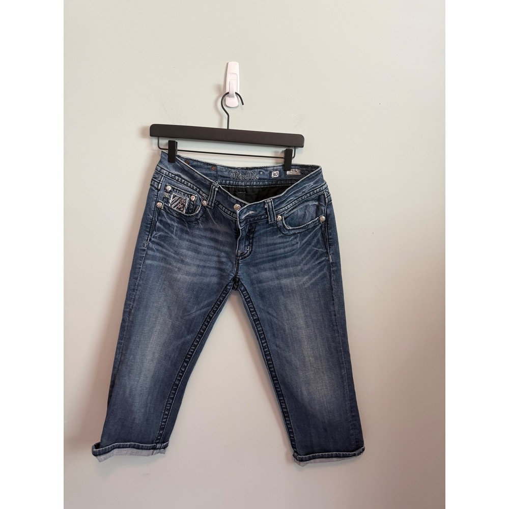Miss Me Cuffed Capri Jeans Size 30 Medium Wash Embellished Zebra Sequins Y2K